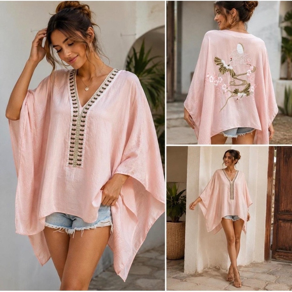 Floreat Kaftan Top OS Pink Embroidered Crane V-Neck Boho Kimono Anthropologie